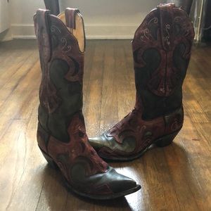 Leather cowboy distressed grey red black boot